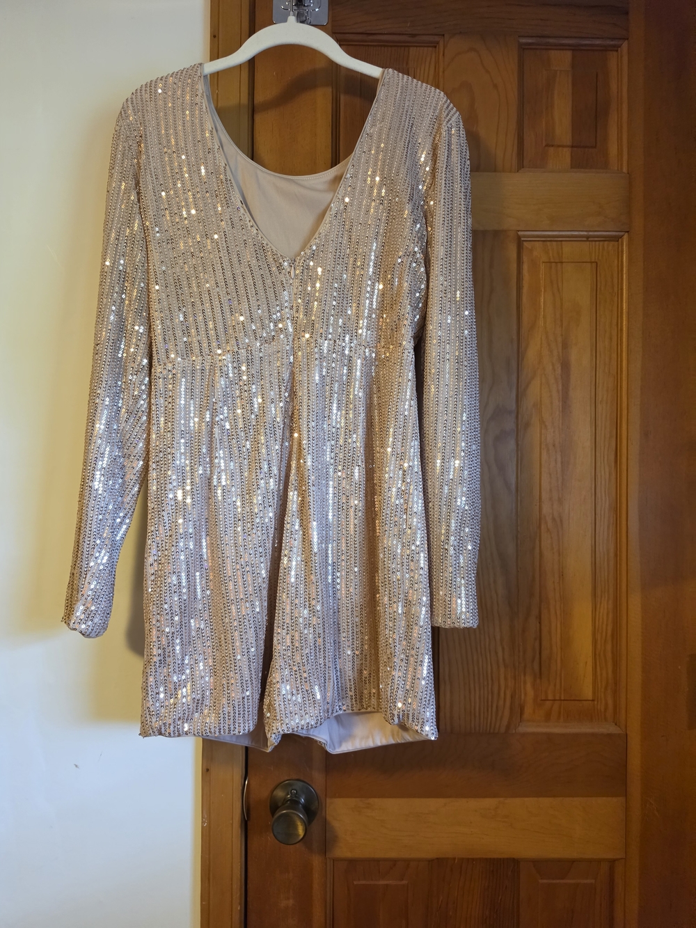 SHEIN Champagne Sequin Long Sleeve Romper